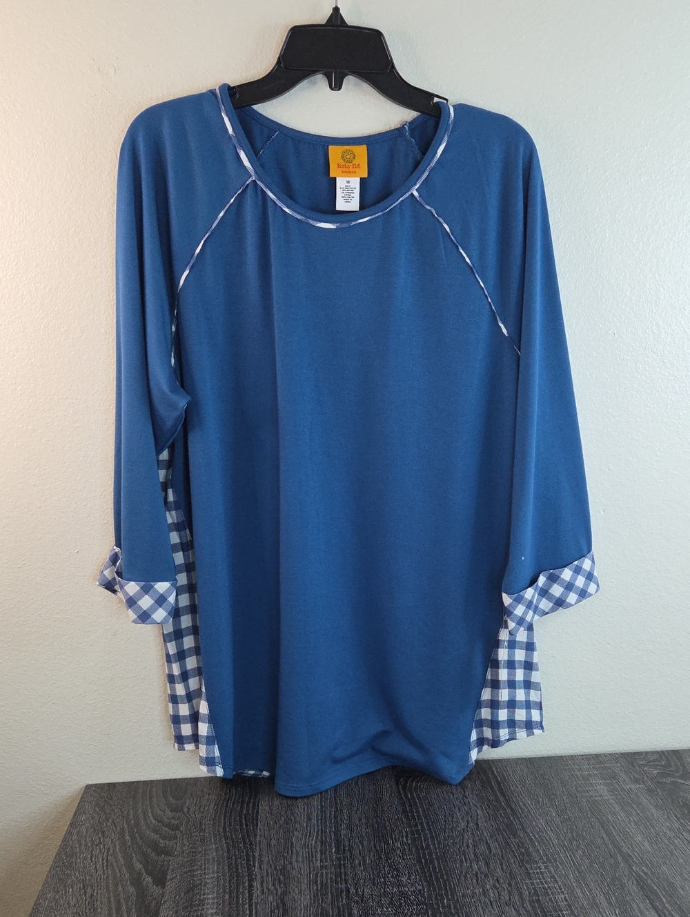 Ruby Rd Womans 1XTop Gingham Accents Soft. Soild Blue And Checkered Back NWT $58